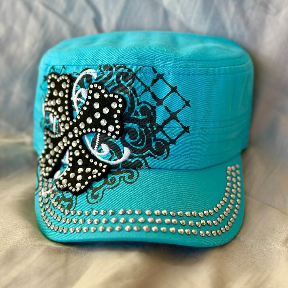 Hat~Rhinestone~Short Cross~Cadet style~adjustable velcro back